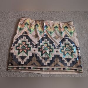 Express tan Aztec tribal boho sequin print pull-on mini skirt (Size 2)